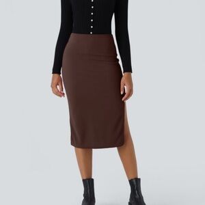 NWT HALARA size M  Brown knit stretchy Midi Skirt. Contemporary modern body con
